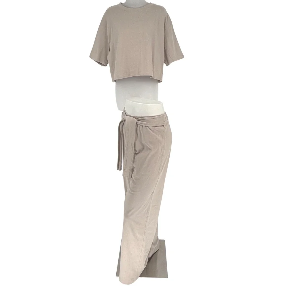 ZARA Wide Leg Belted Cotton Blend Pants Beige XL Casual Resortwear Travel 97-42
